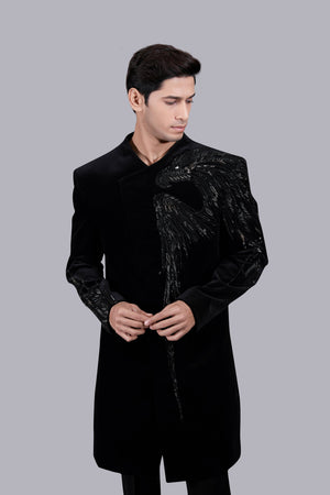 BLACK ITALIAN COTTON VELVET CUTDANA WORK INDO WESTERN