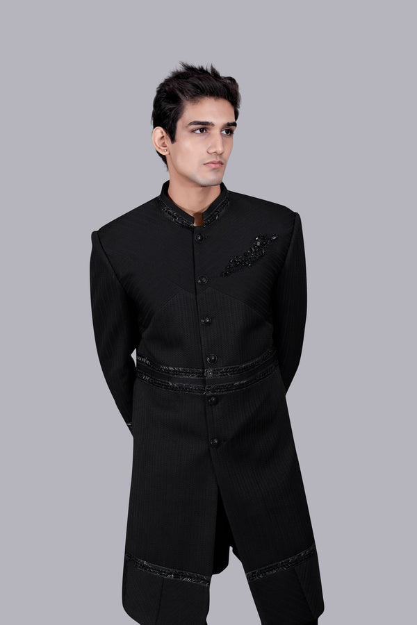 BLACK ITALIAN WOOL CUTDANA WORK  INDO WESTERN