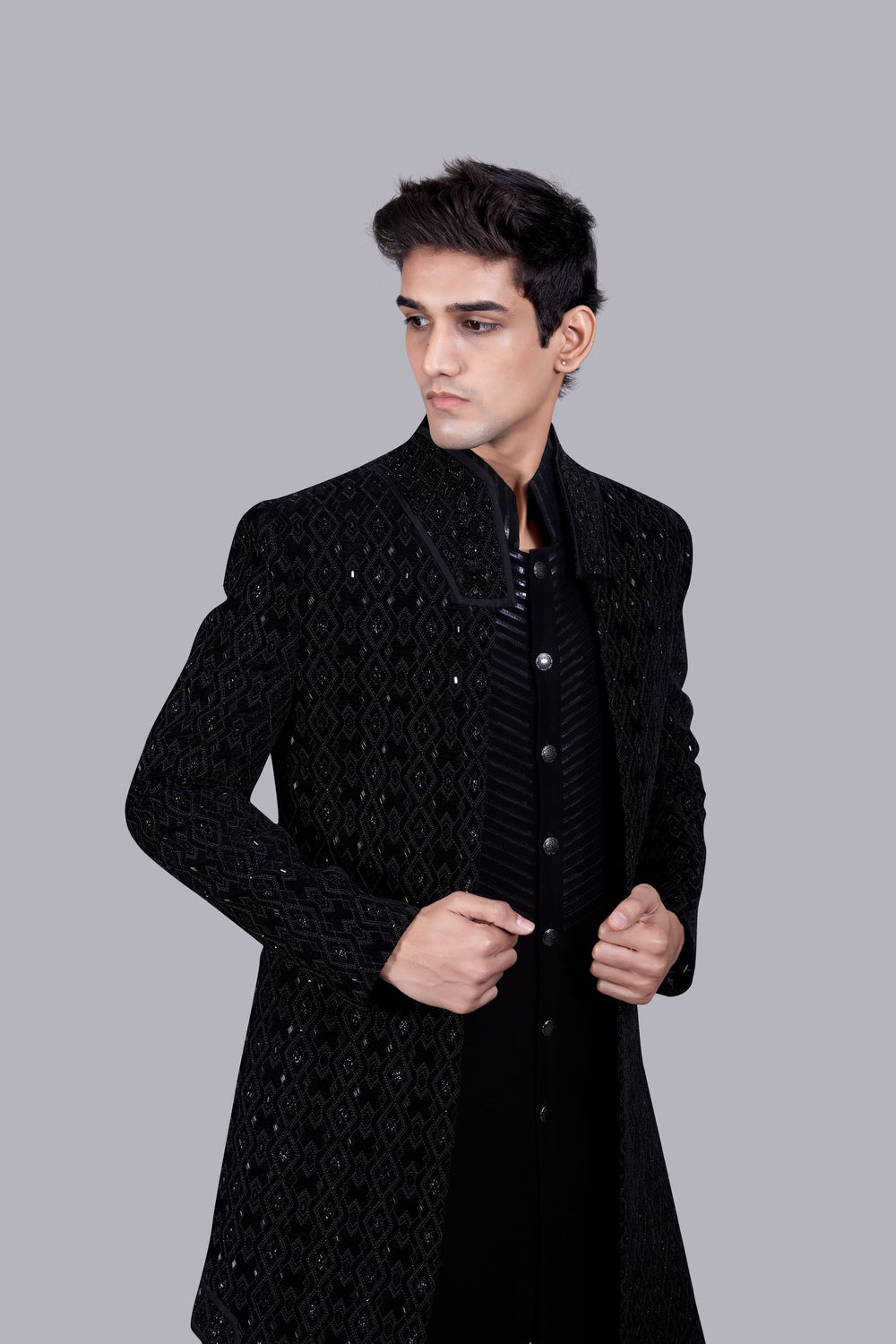 BLACK ITALIAN COTTON VELVET THREAD WORK INDO WESTERN