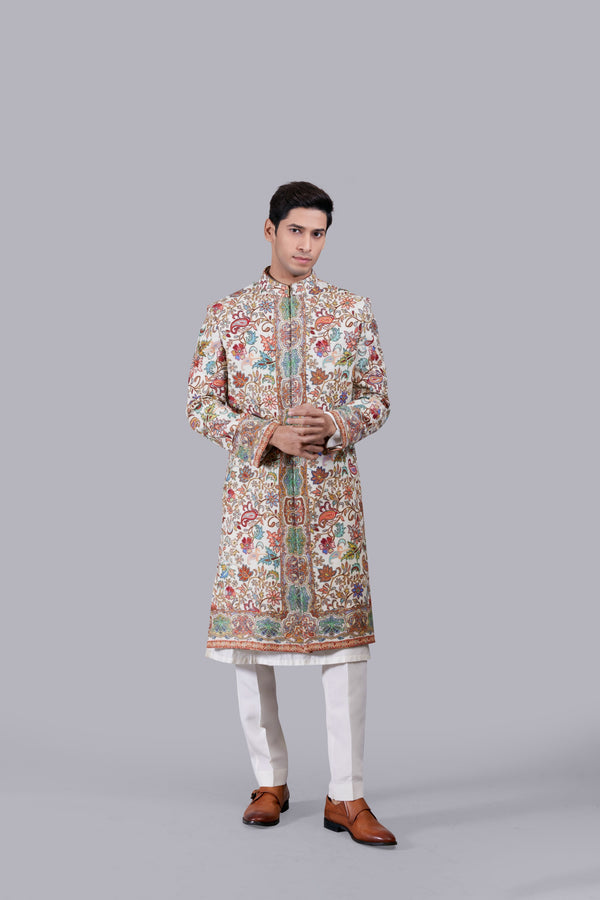 CREAM PURE PASHMINA SILK THREAD WORK SHERWANI