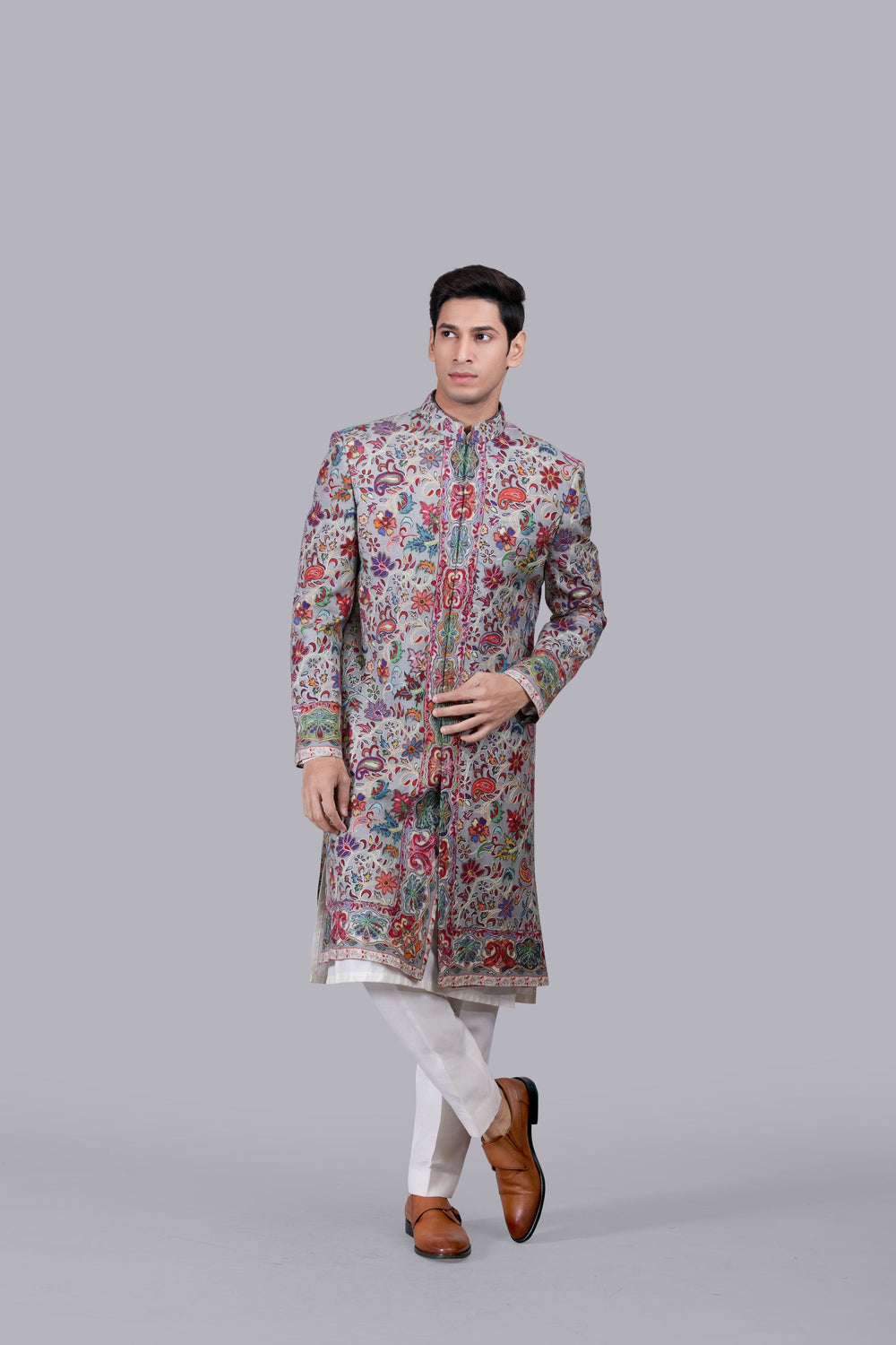 GREY PURE PASHMINA SILK THREAD WORK SHERWANI