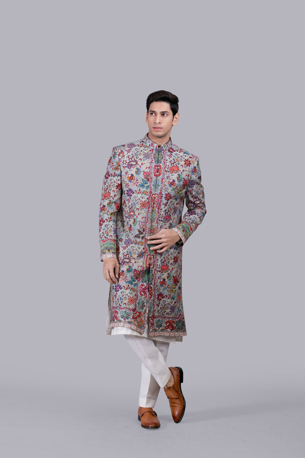 GREY PURE PASHMINA SILK THREAD WORK SHERWANI