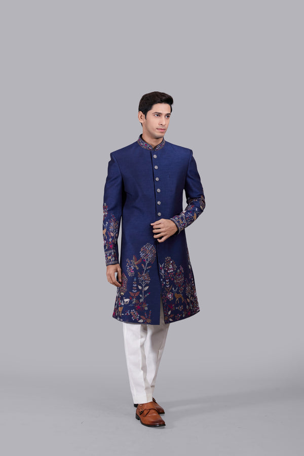 BLUE BHAGALPURI SILK INDOWESTERN