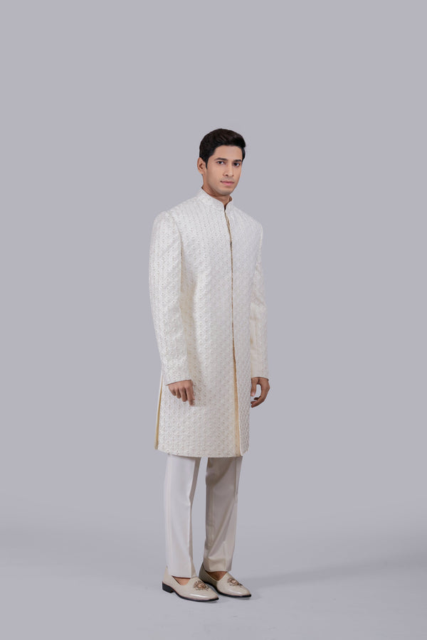 OFF WHITE ITALIAN WOOL HAND WORK INDO WESTERN