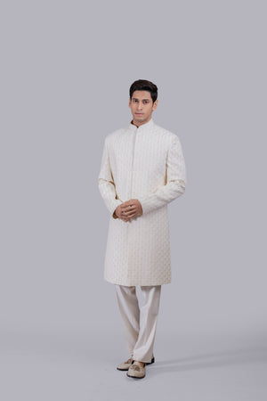 OFF WHITE ITALIAN WOOL HAND WORK INDO WESTERN