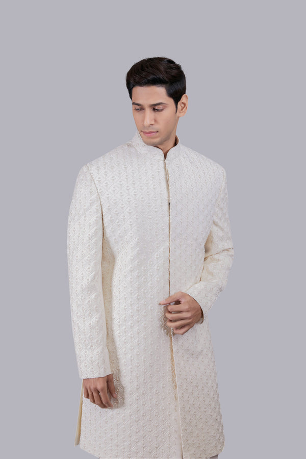 OFF WHITE ITALIAN WOOL HAND WORK INDO WESTERN