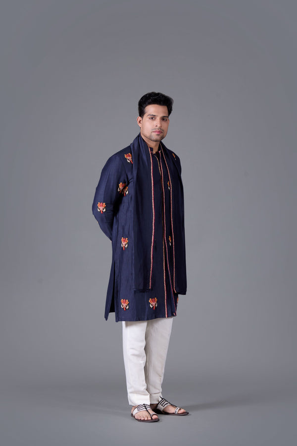 Celestial Navy Linen Silk Kurta Set