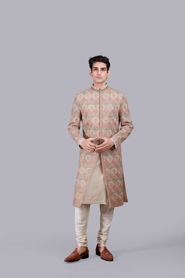 BEIGE PURE PASHMINA RESHAM WORK SHERWANI