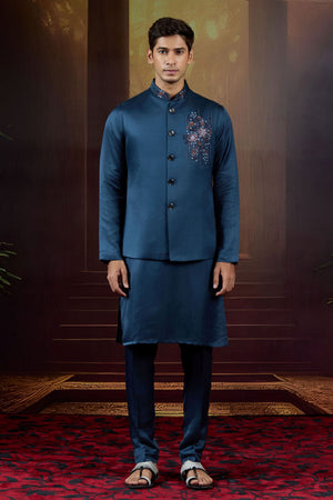 Midnight Sovereign  Embellished Bundi Ensemble in Royal Blue Silk