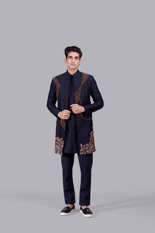 NAVY BLUE RAW SILK ZARDOSI WORK INDO WESTERN