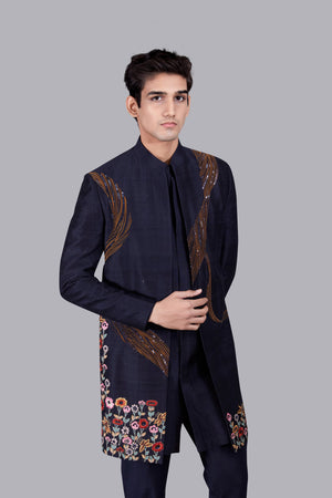 NAVY BLUE RAW SILK ZARDOSI WORK INDO WESTERN