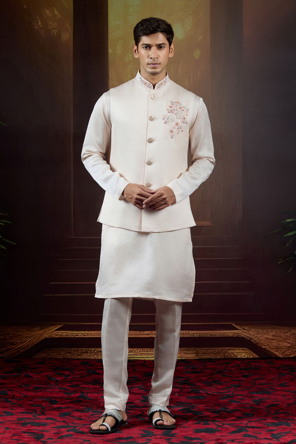 Ivory Eclipse  Silk Bundi Set with Pearl and Thread Embroidery