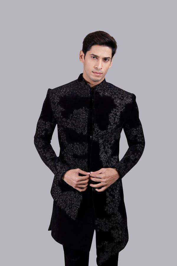 BLACK ITALIAN COTTON VELVET RESHAM WORK INDO WESTERN