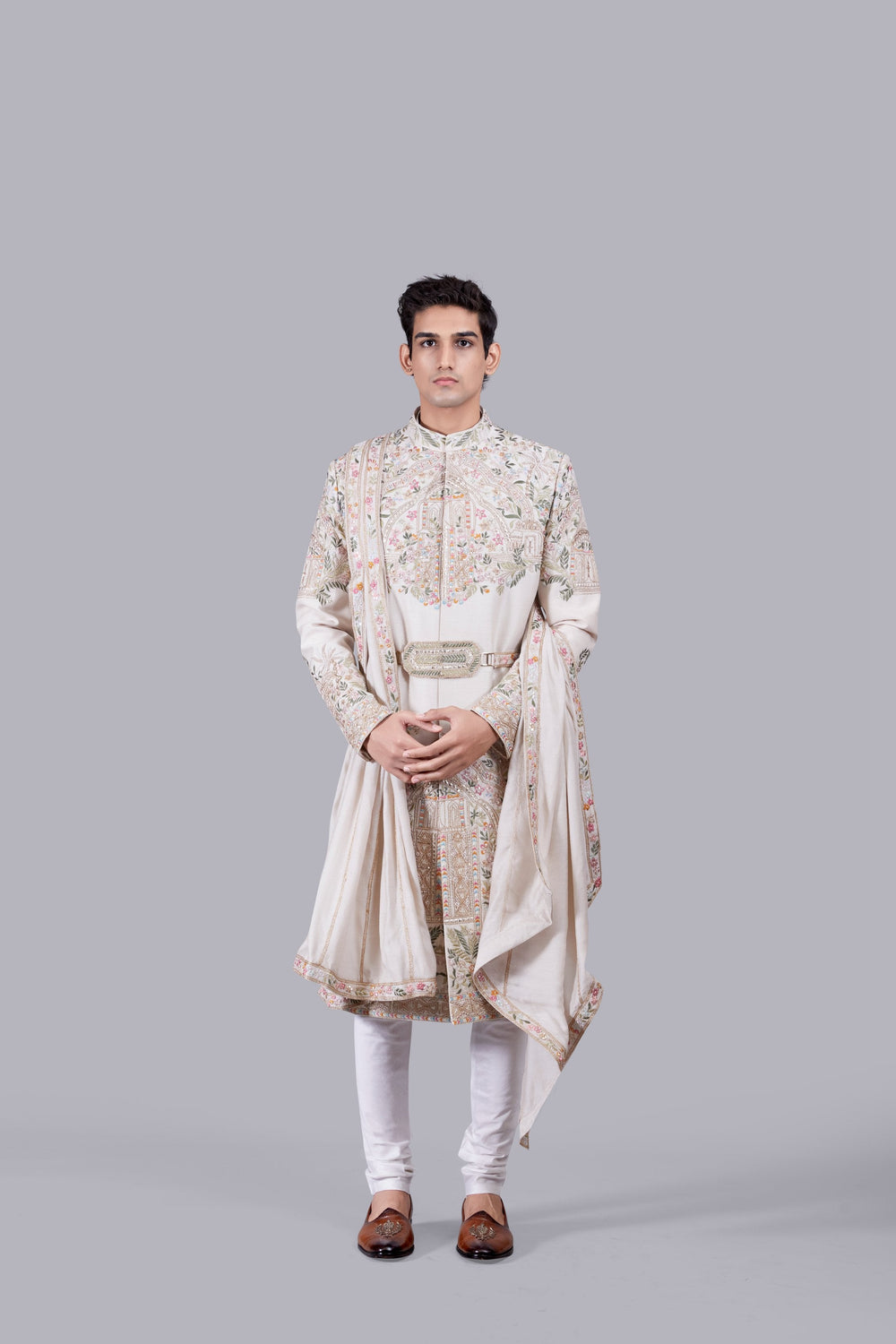 BEIGE RAW SILK PEARL WORK SHERWANI