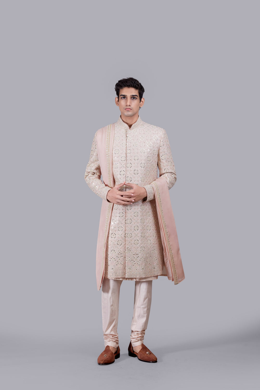 PEACH RAW SILK THREAD WORK SHERWANI
