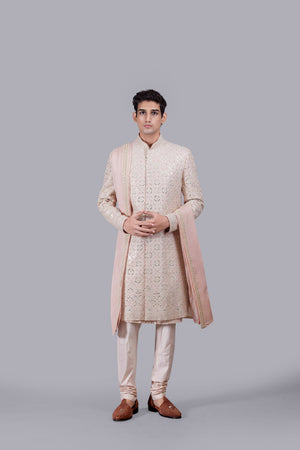 PEACH RAW SILK THREAD WORK SHERWANI