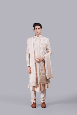 LIGHT PEACH CHANDERI SILK THREAD WORK SHERWANI