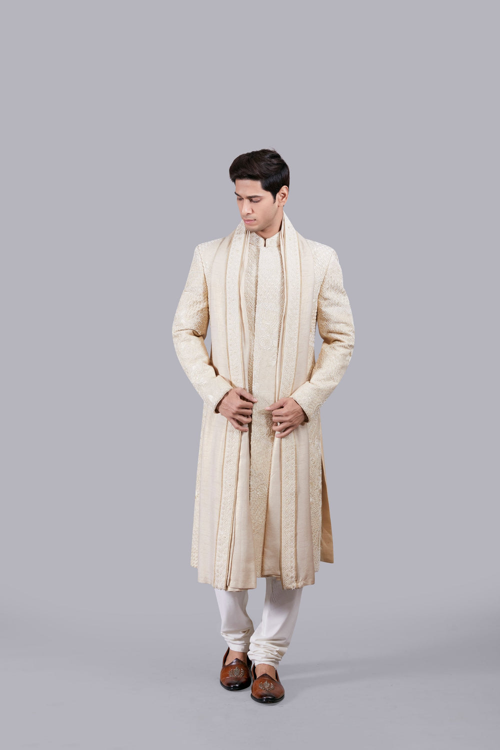 BEIGE RAW SILK THREAD WORK SHERWANI
