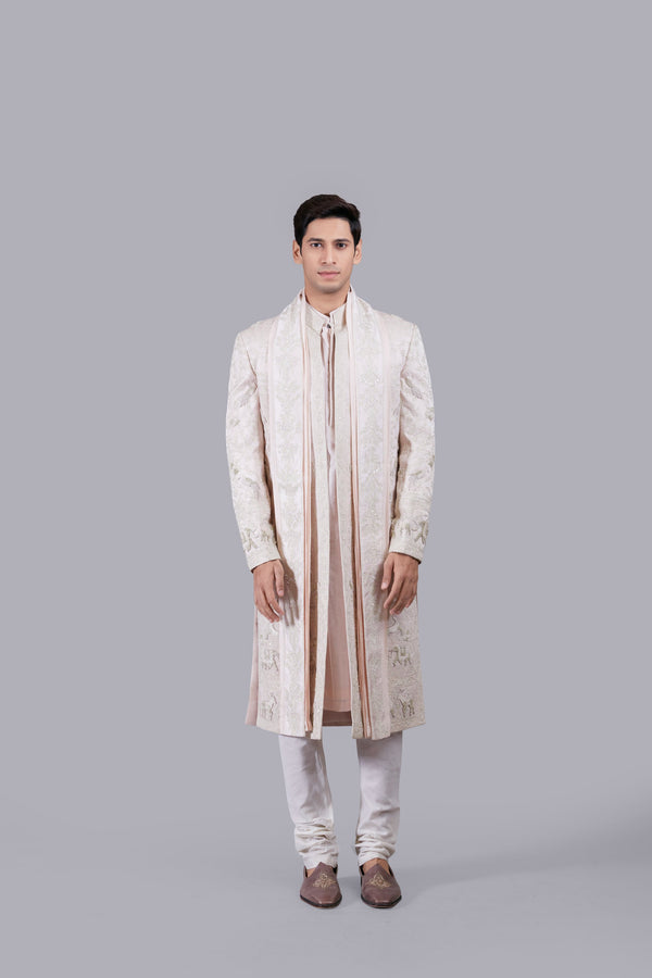 BABY PINK EVERYTHING IN SILK THREAD WORK SHERWANI