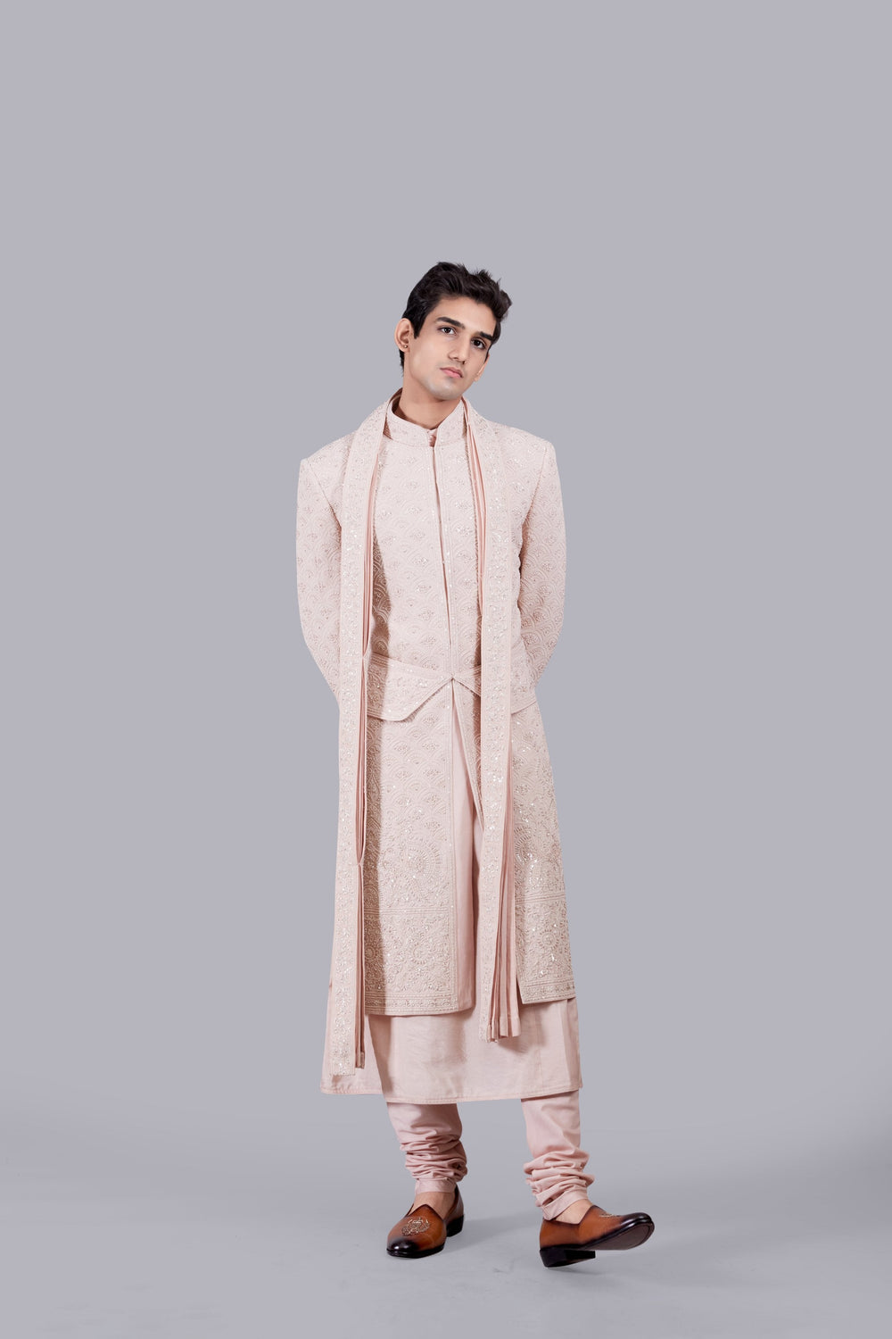 PEACH PURE GEORGETTE THREAD WORK SHERWANI