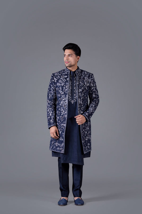 Regal Azure Kurta Set with Italian Cotton Velvet Sherwani