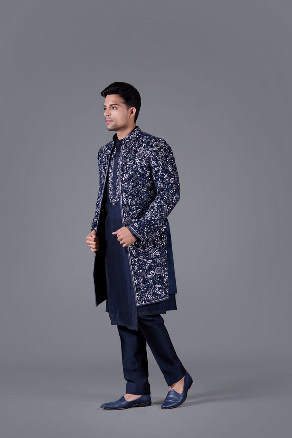 Regal Azure Kurta Set with Italian Cotton Velvet Sherwani