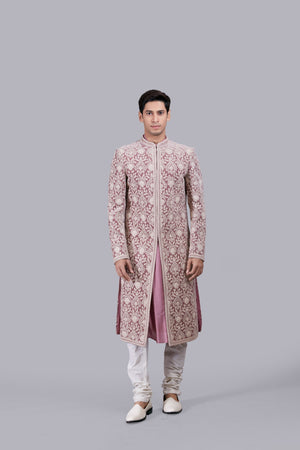 PINK ITALIAN LINEN SILK THREAD WORK SHERWANI