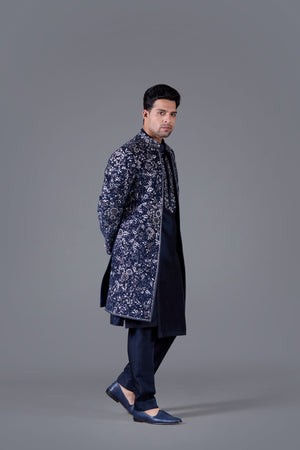 Regal Azure Kurta Set with Italian Cotton Velvet Sherwani