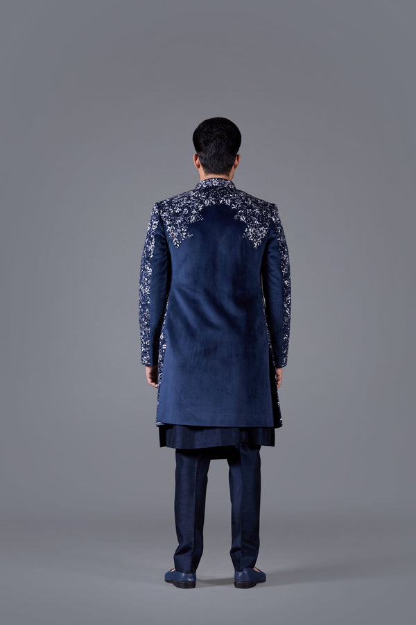 Regal Azure Kurta Set with Italian Cotton Velvet Sherwani