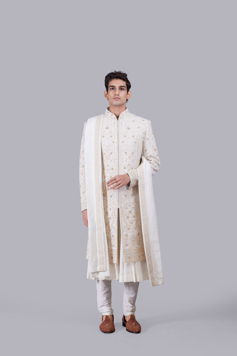 CREAM PURE BHAGALPURI SILK THREAD ARI WORK SHERWANI