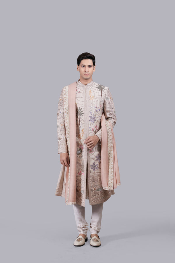 BEIGE PURE BANARASHI SILK HAND WORK SHERWANI