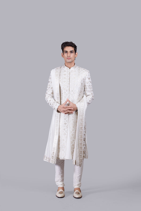 WHITE CHANDERI SILK LEATHER PATCH WORK SHERWANI