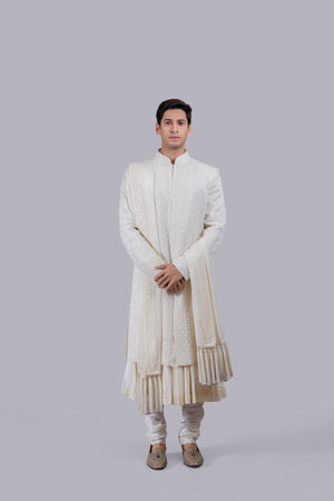 OFF WHITE PURE TISSUE SILK PEARL WORK SHERWANI