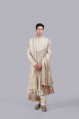 CREAM PURE BANARASI SILK HAND WORK SHERWANI