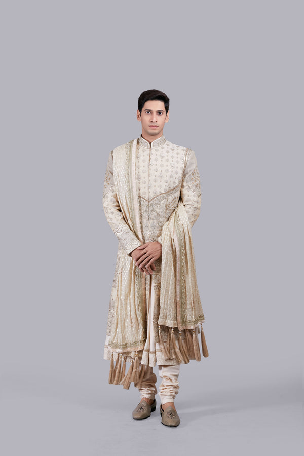 CREAM PURE BANARASI SILK HAND WORK SHERWANI