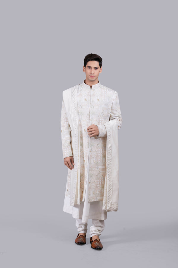 OFF WHITE GEORGETTE EMBROIDERY WORK SHERWANI