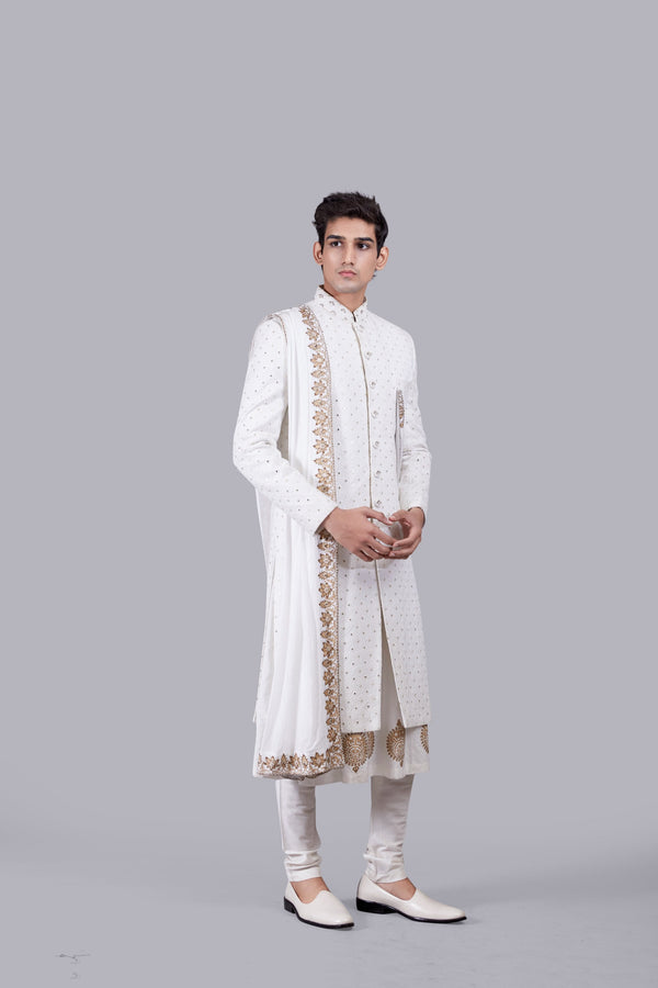OFF WHITE CHANDERI SILK LUCKNOWI WORK SHERWANI