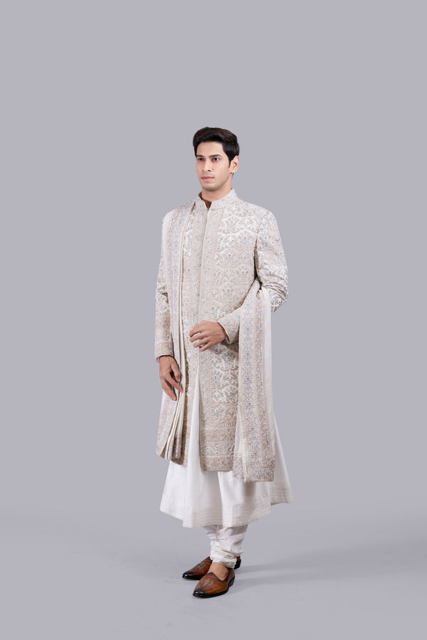 OFF WHITE PURE SILK THREAD WORK SHERWANI