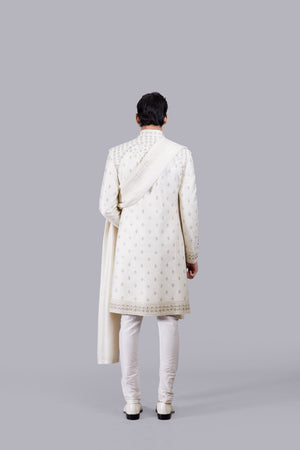 CREAM PURE RAW SILK HAND WORK SHERWANI