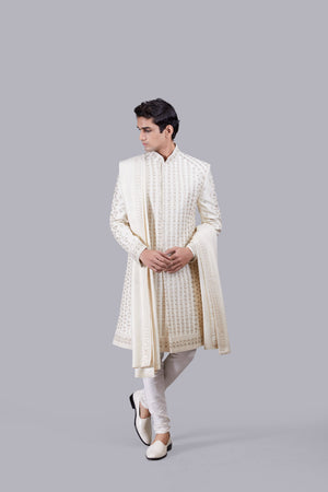 CREAM PURE RAW SILK HAND WORK SHERWANI