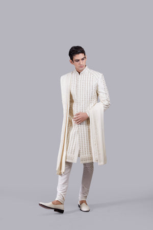 CREAM PURE RAW SILK HAND WORK SHERWANI