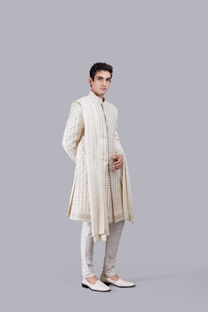 CREAM PURE RAW SILK HAND WORK SHERWANI