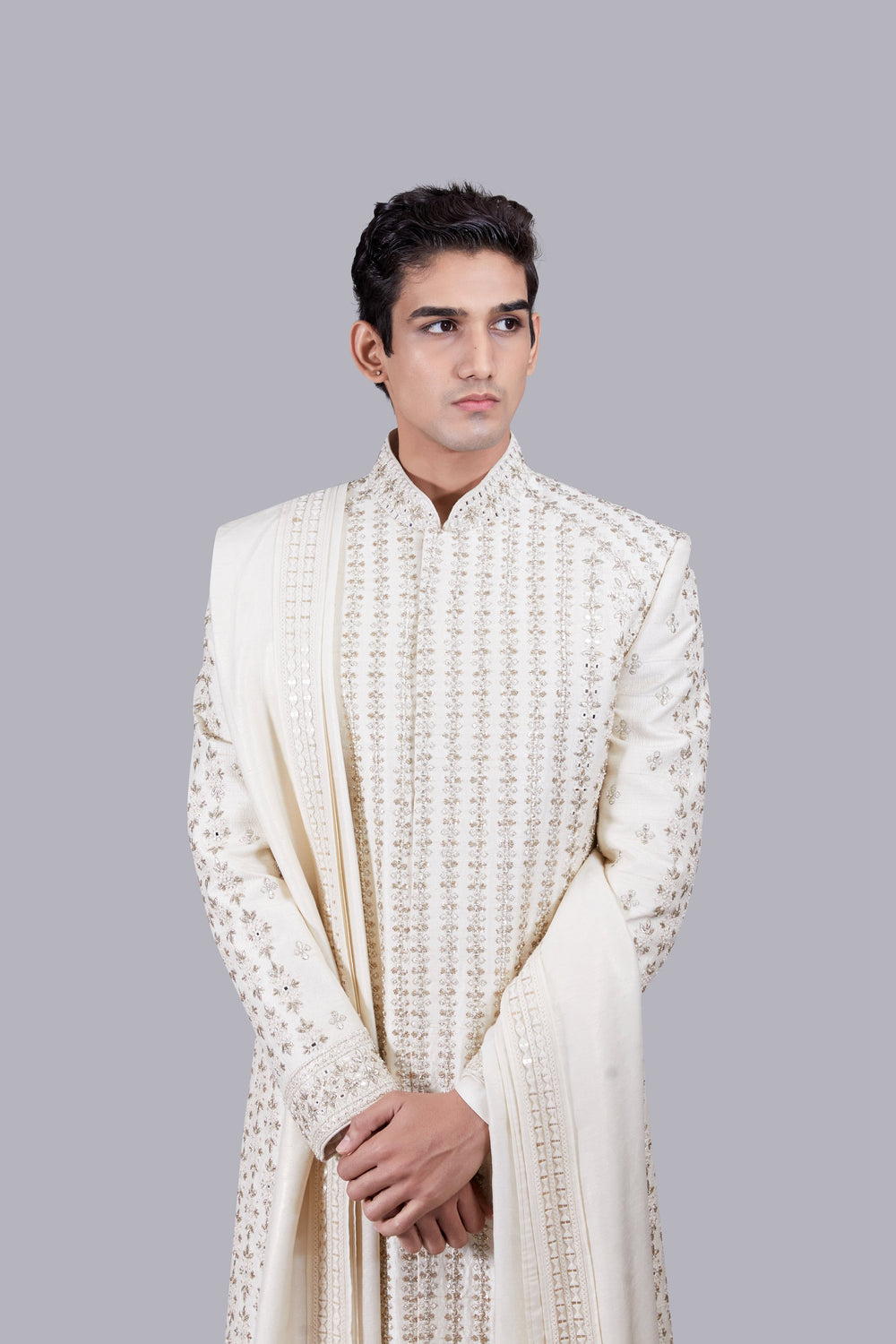 CREAM PURE RAW SILK HAND WORK SHERWANI