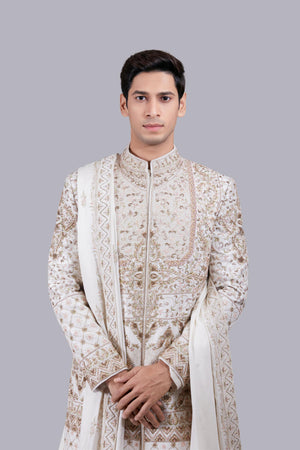 CREAM MODAL SILK RESHAM WORK SHERWANI