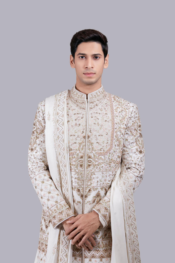 CREAM MODAL SILK RESHAM WORK SHERWANI