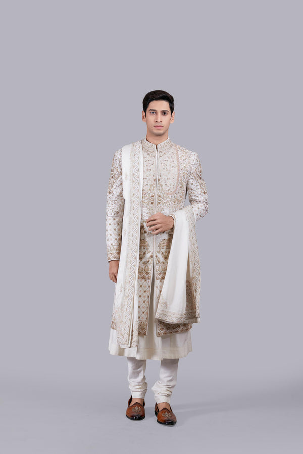 CREAM MODAL SILK RESHAM WORK SHERWANI