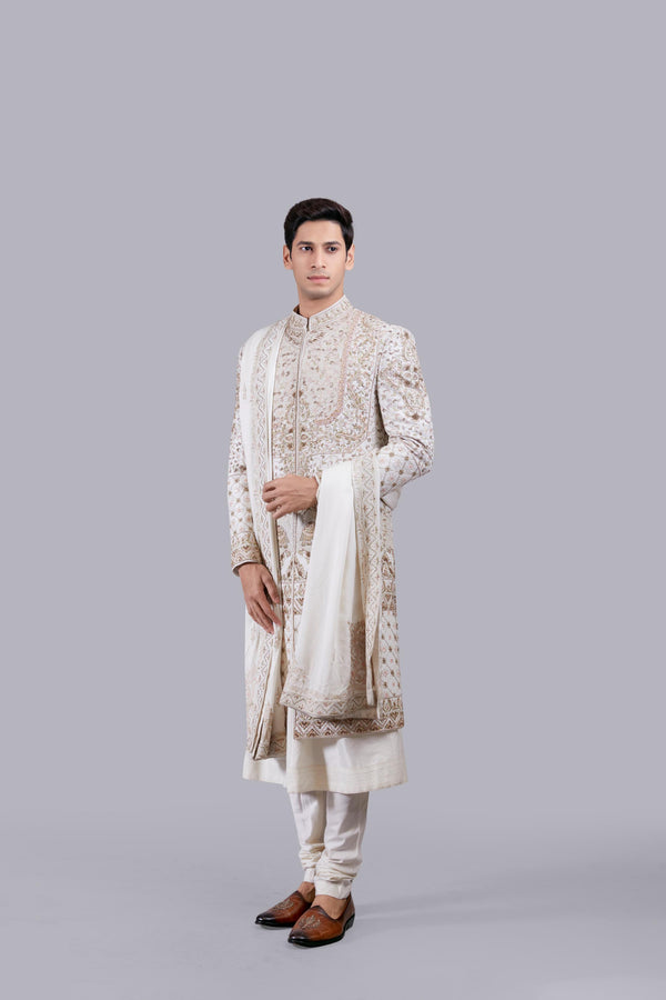 CREAM MODAL SILK RESHAM WORK SHERWANI