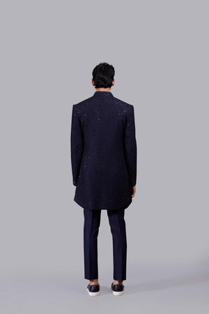 NAVY BLUE PURE BANGLORI SILK THREAD WORK INDOWESTERN