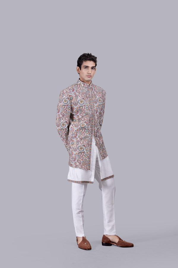 OFF WHITE  CHANDERI SILK THREAD WORK INDOWESTERN