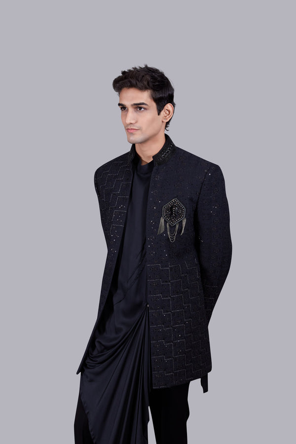 BLACK SILK CUTDANA WORK INDOWESTERN